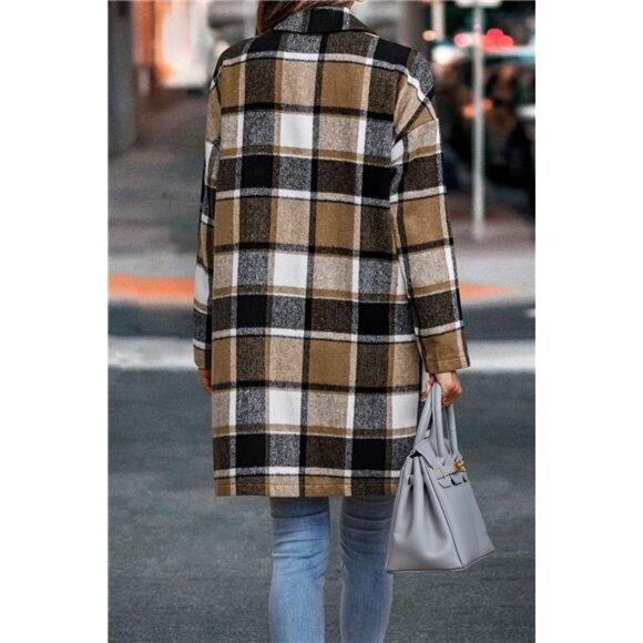 Women's 2024 Plaid Shacket Jacket Casual Button Wool Blend Winter Trench Coat - Picture 4 of 7